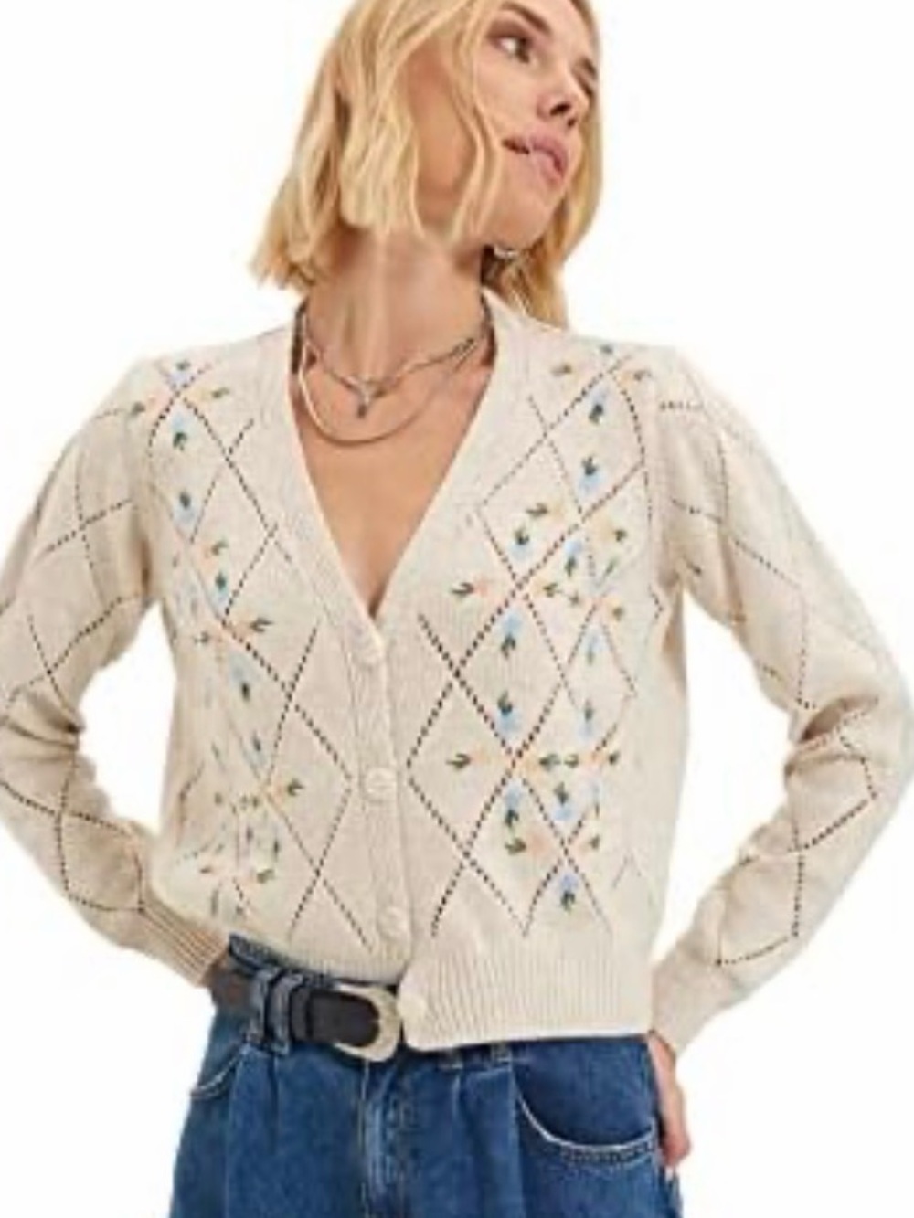 Willow & Wind cream-colored pointelle-knit cardigan size large